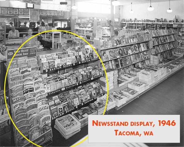 Paperbacks and comics take about a third of the space in this photo of a newsstand in Tacoma, Washington c. 1946