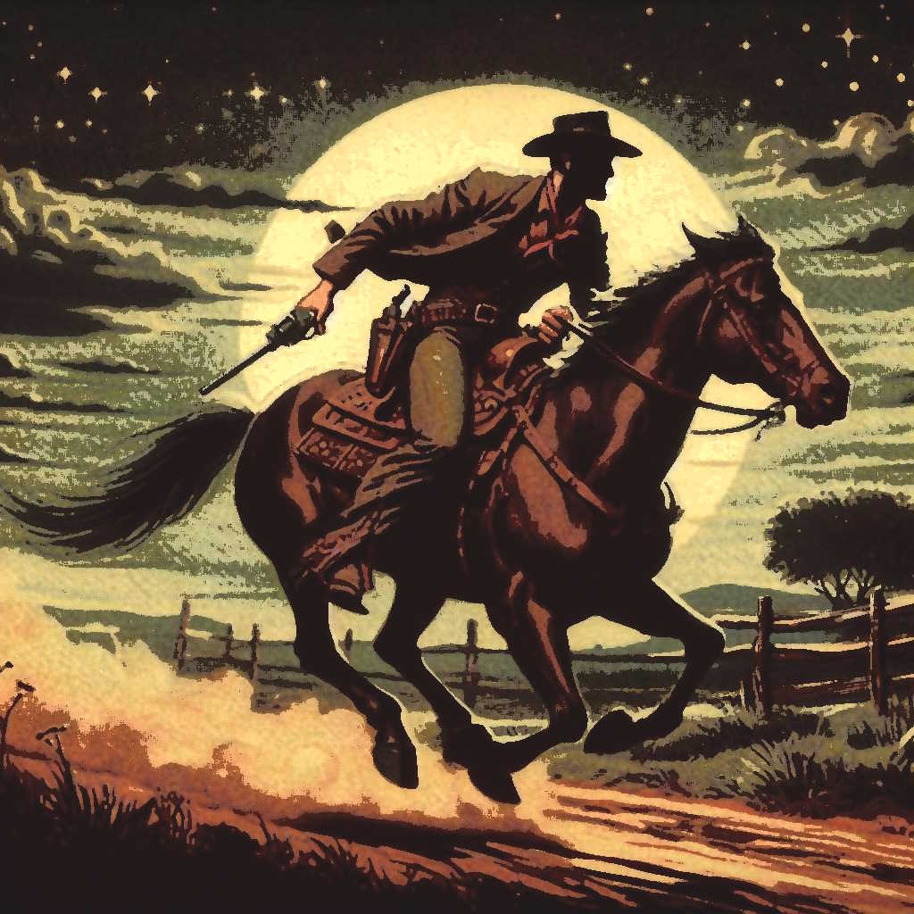 Western scene with cowboy on galloping horse at night