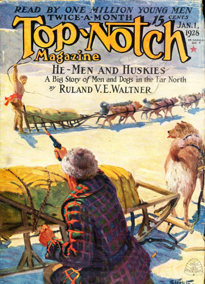 Pulp Magazines: A man's world. Ruland Waltner's cover credits. Only Top-Notch gave them a full cover, Lariat Story displays their story's name and credit; the others mention them but they're not headlined.